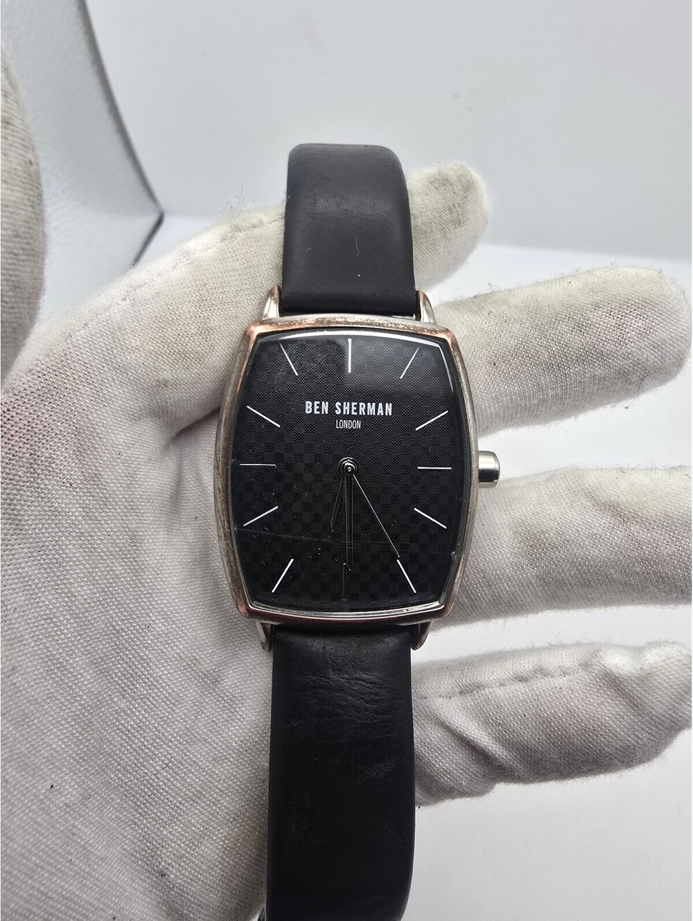 Ben Sherman London Men's Quartz Watch Black Checkered Dial Tonneau Leather Strap